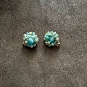 Vintage Clip-On Earrings W/ Blue & Green Beaded Cluster Design